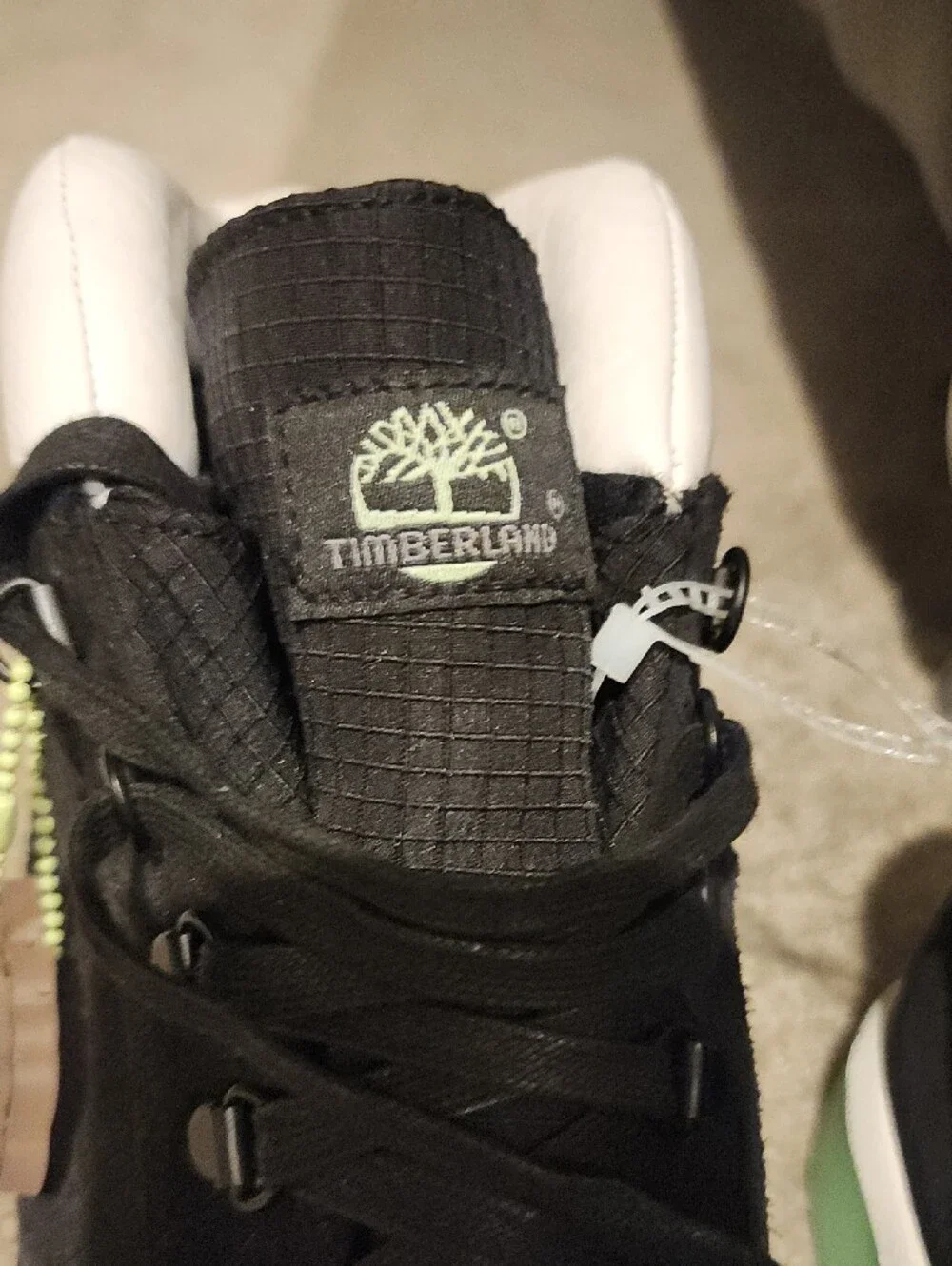 Black and White High-Top TIMBERLANS Sneakers with Mint Green  Glow Sole